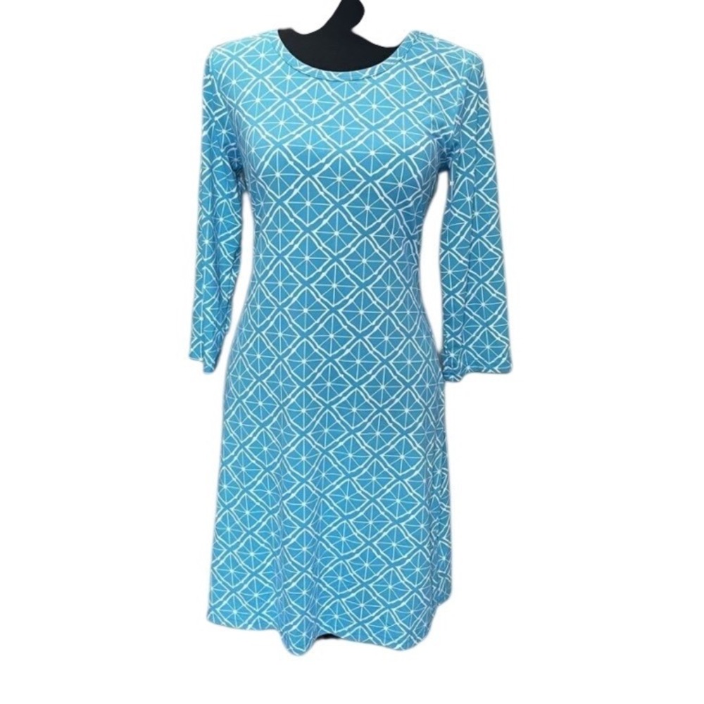 Patchington A-Line Dress Womens XS Blue Geometricโ Print 3/4 Sleeve Stretch Knee